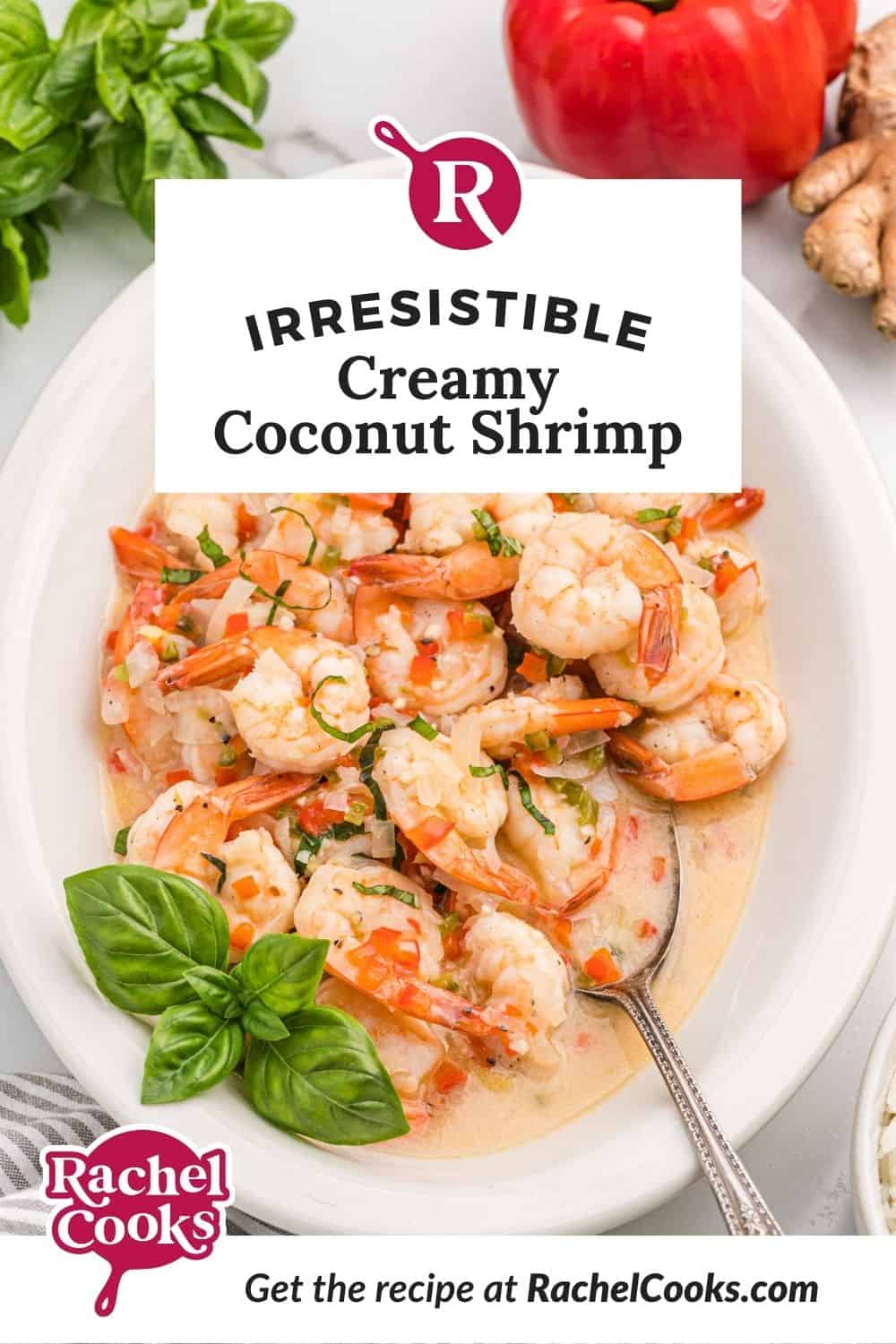 Shrimp, text overlay reads "irresistible creamy coconut shrimp."