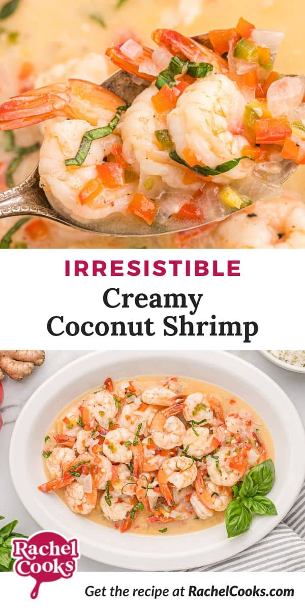 Shrimp, text overlay reads "irresistible creamy coconut shrimp."