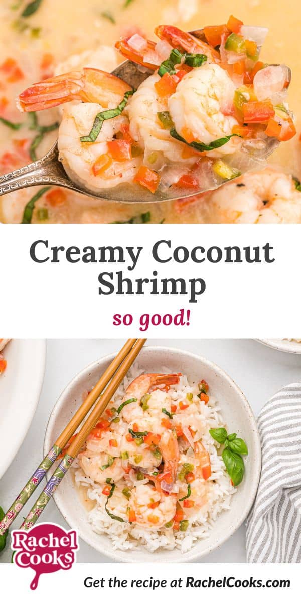 Shrimp, text overlay reads "creamy coconut shrimp - so good."