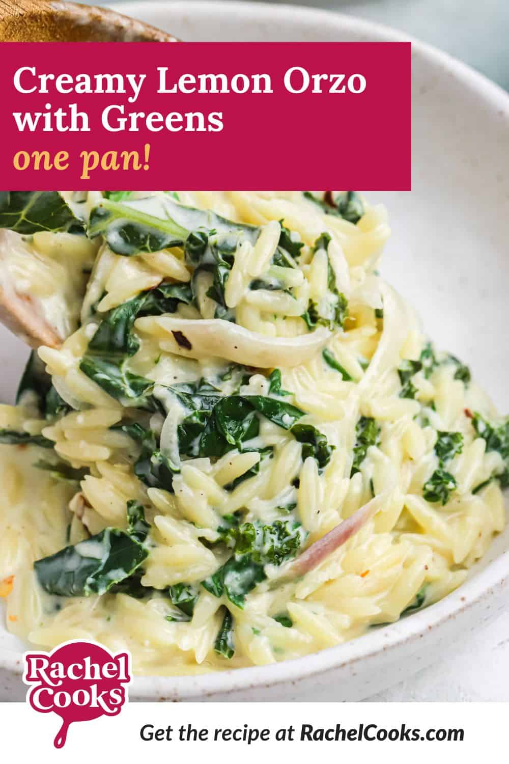 Orzo, text overlay reads "creamy lemon orzo with greens - one pan!"