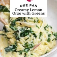 Orzo, text overlay reads "one pan creamy lemon orzo with greens."