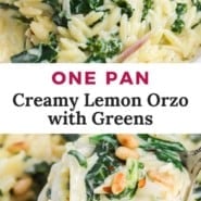 Orzo, text overlay reads "one pan creamy lemon orzo with greens."