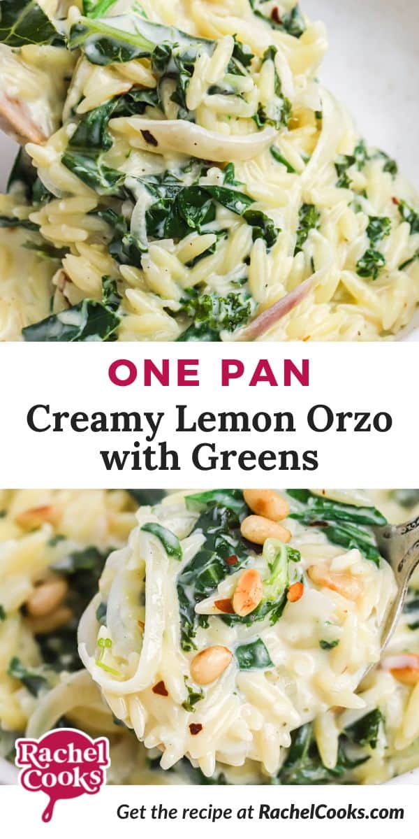 Orzo, text overlay reads "one pan creamy lemon orzo with greens."