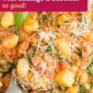 Gnocchi, text reads "creamy one pan gnocchi with sausage & zucchini - so good."