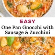 Gnocchi, text reads "easy one pan gnocchi with sausage & zucchini."