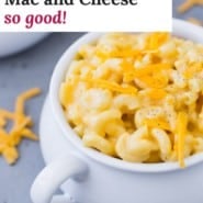 Mac and cheese, text overlay reads "instant pot mac and cheese - so good!"