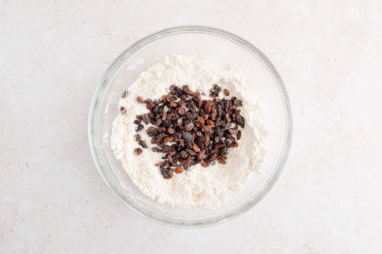 Raisins added to flour mixture.