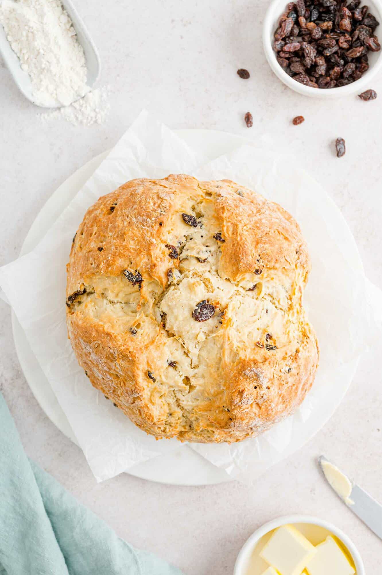 Baked bread, unsliced.