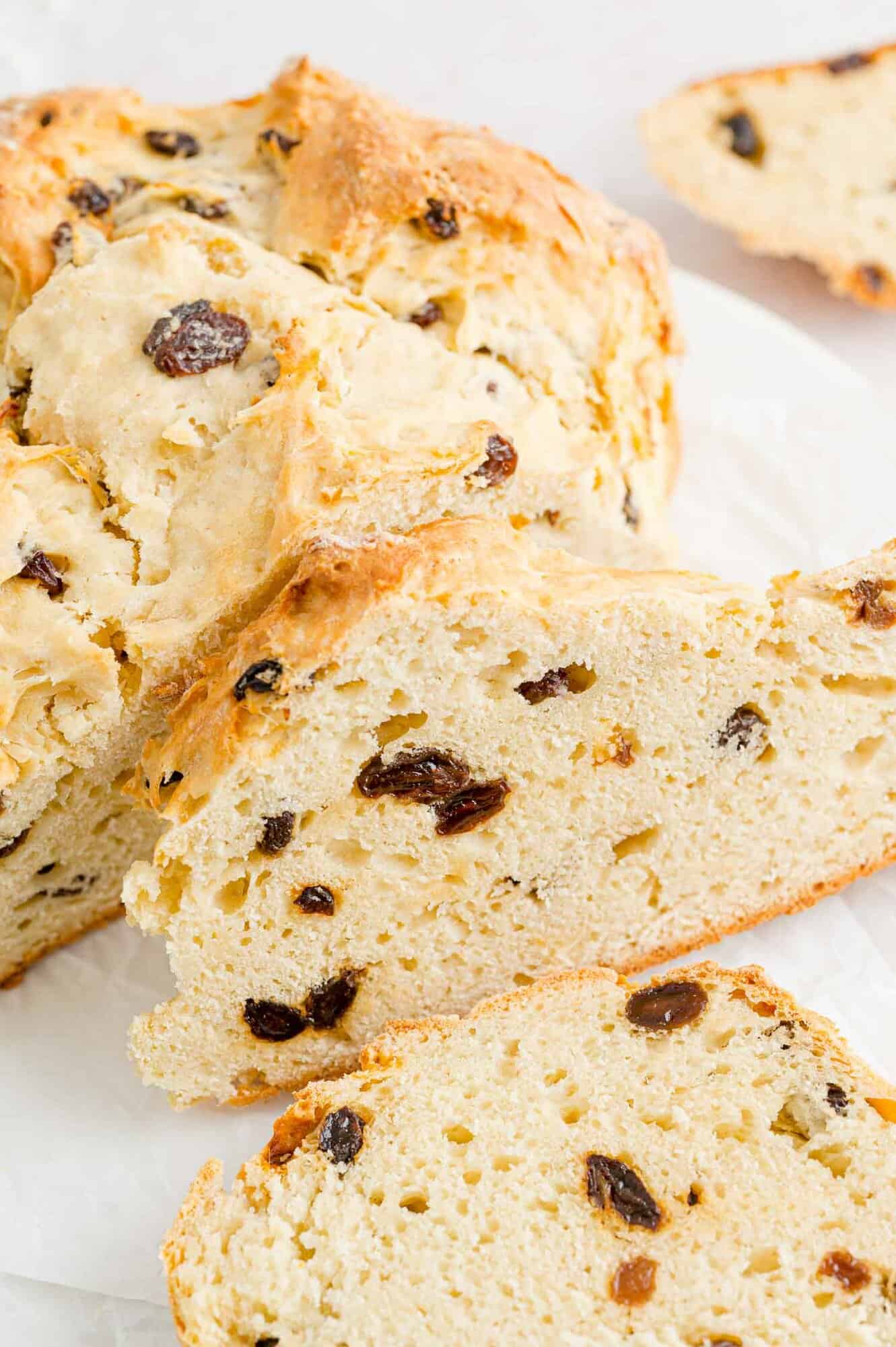 Irish soda bread with raisins, sliced.