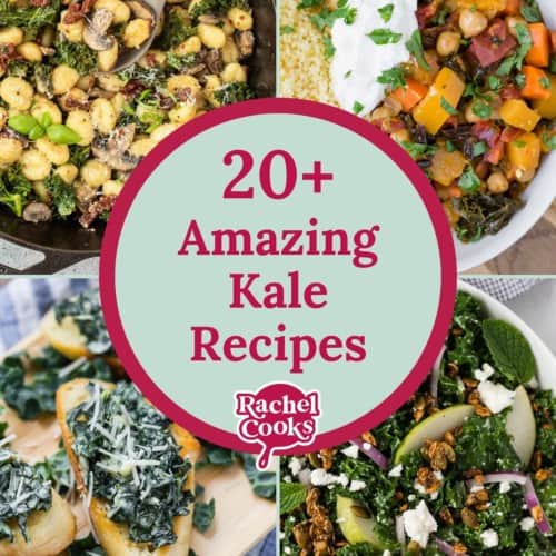 Four recipe images, text overlay reads "20+ amazing kale recipes."