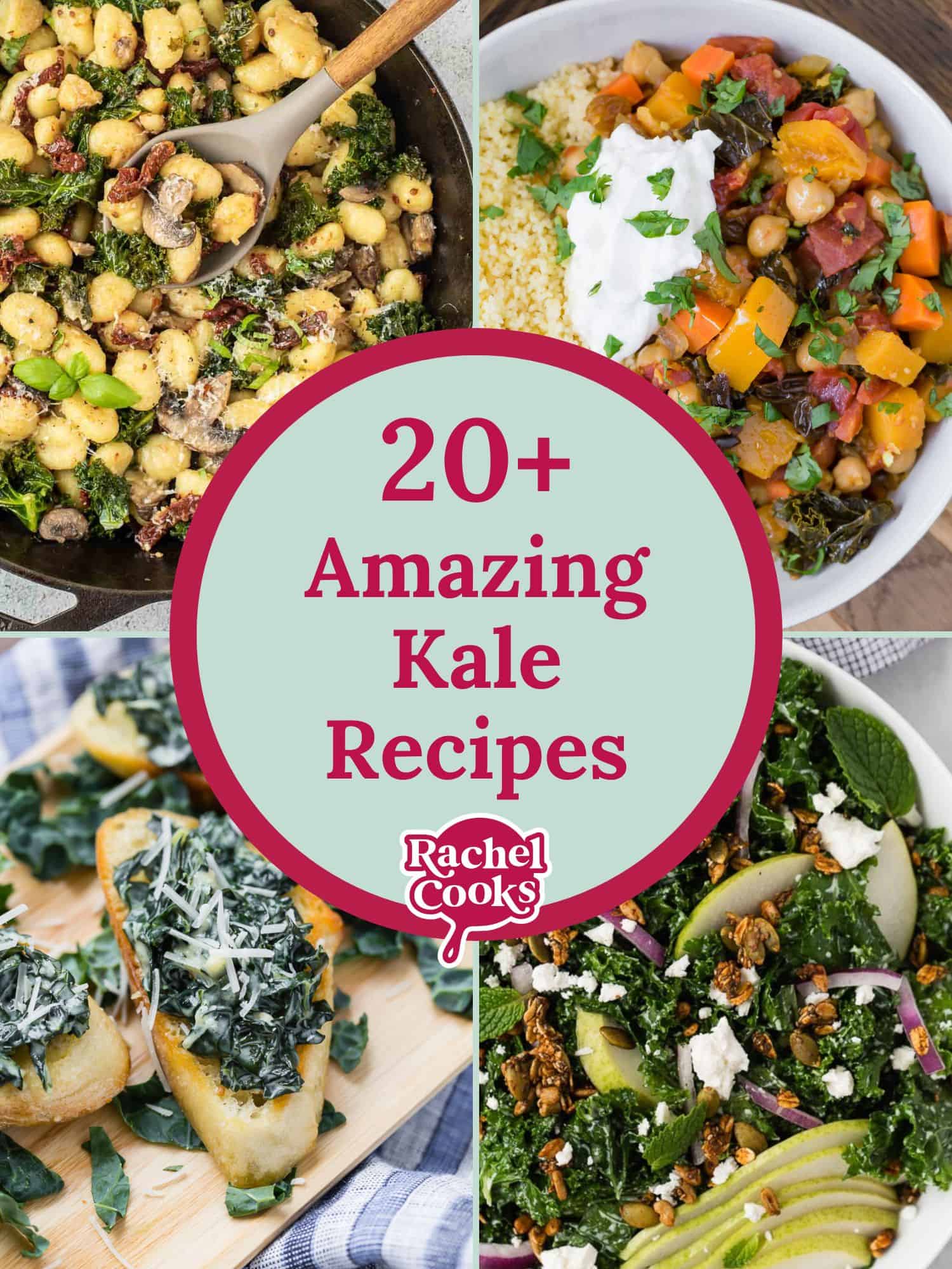 Four recipe images, text overlay reads "20+ amazing kale recipes."