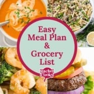 Four recipe images, text reads "easy meal plan and grocery list."