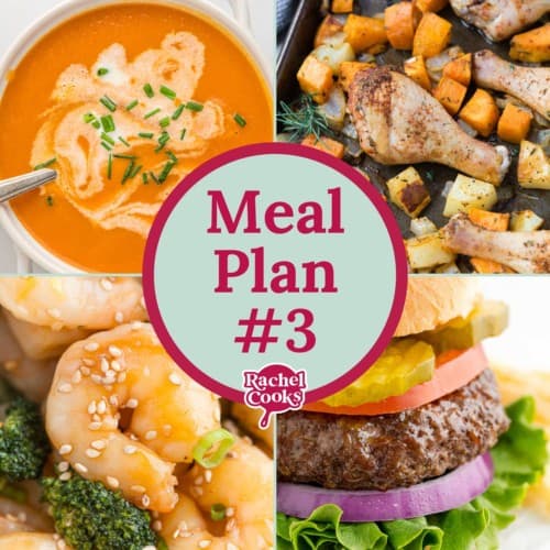 Four recipe photos, text overlay reads "meal plan #3."