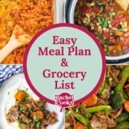 Four recipe images, text reads "easy meal plan and grocery list."