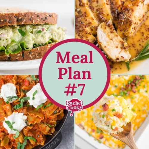 Four recipe images, text reads "meal plan #7."