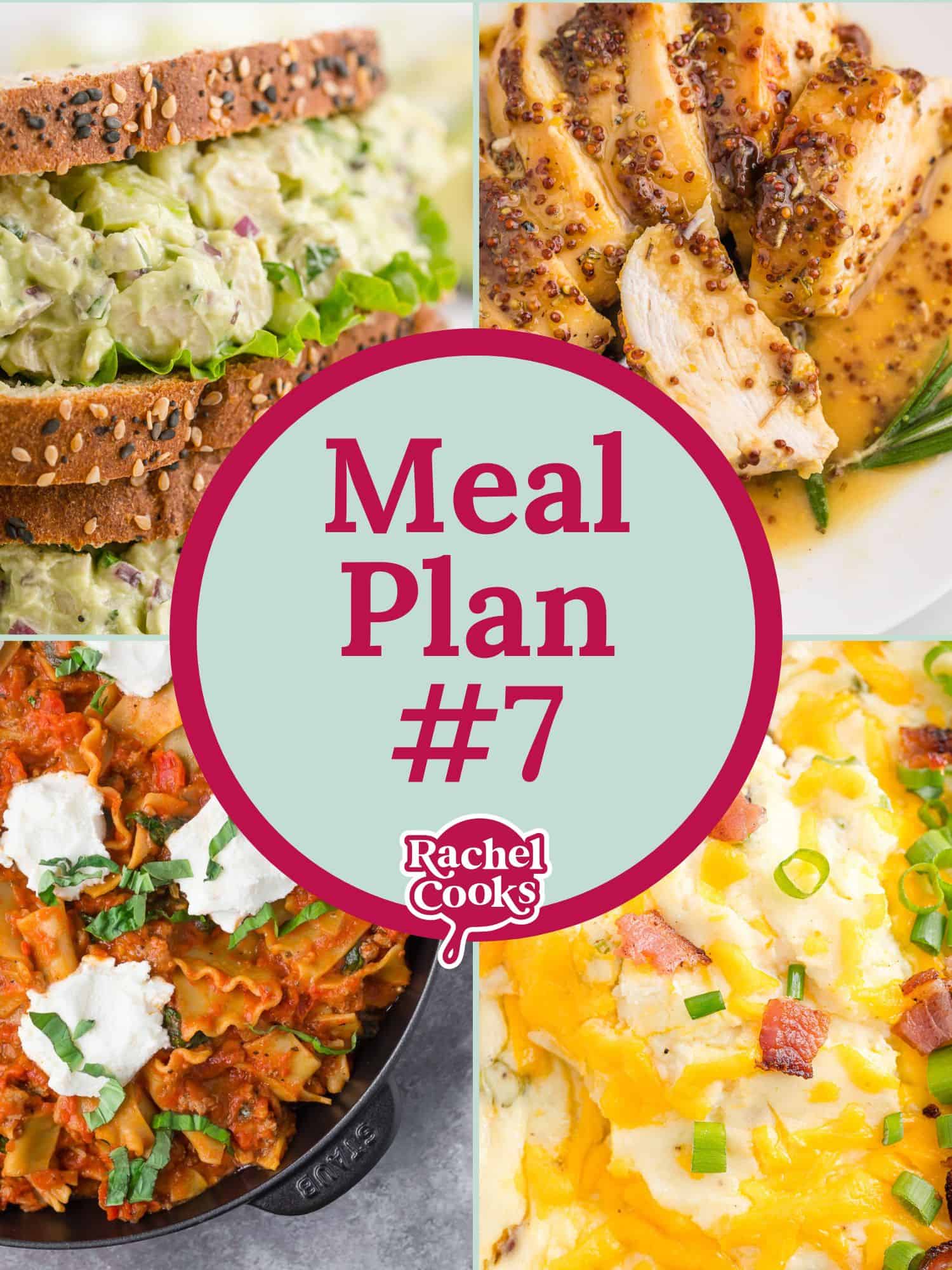 Four recipe images, text reads "meal plan #7."