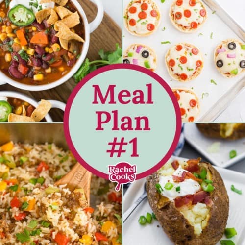 Four recipe images, text overlay reads "meal plan #1."