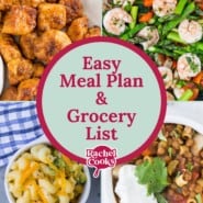 Four recipe images, text overlay reads "easy meal plan & grocery list."