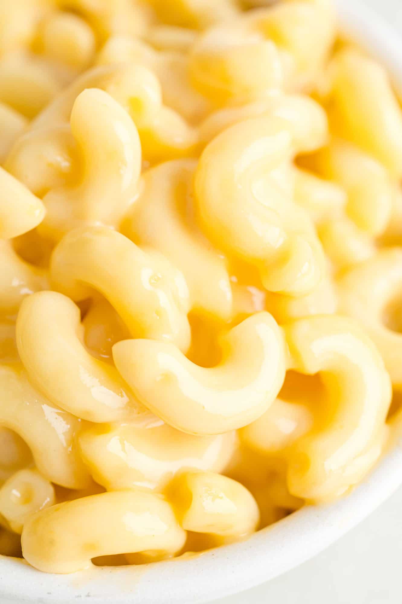 Close up image of microwave mac and cheese.