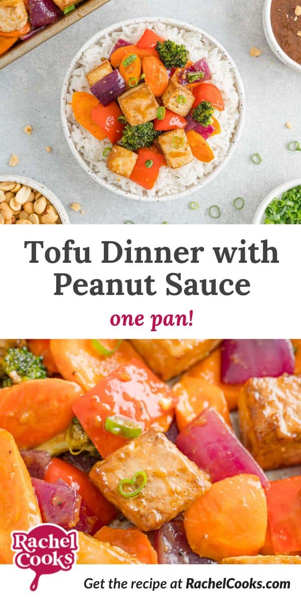 Tofu sheet pan dinner with text overlay of recipe name.