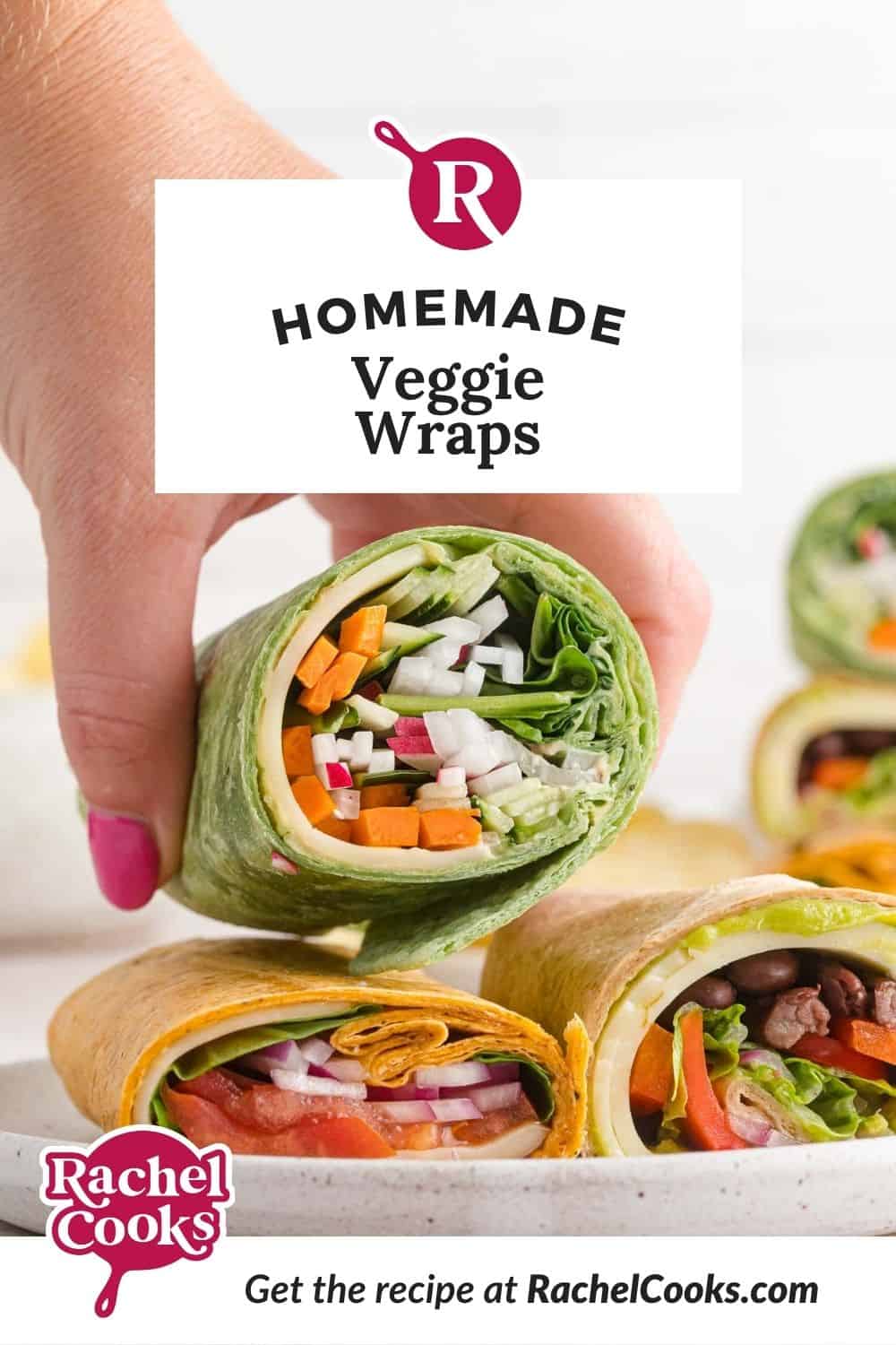 Sandwiches, text overlay reads "homemade veggie wraps."