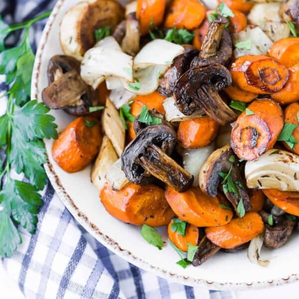 Balsamic roasted vegetables in a bowl.