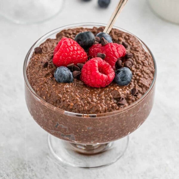 Chocolate chia seed pudding in a small bowl.