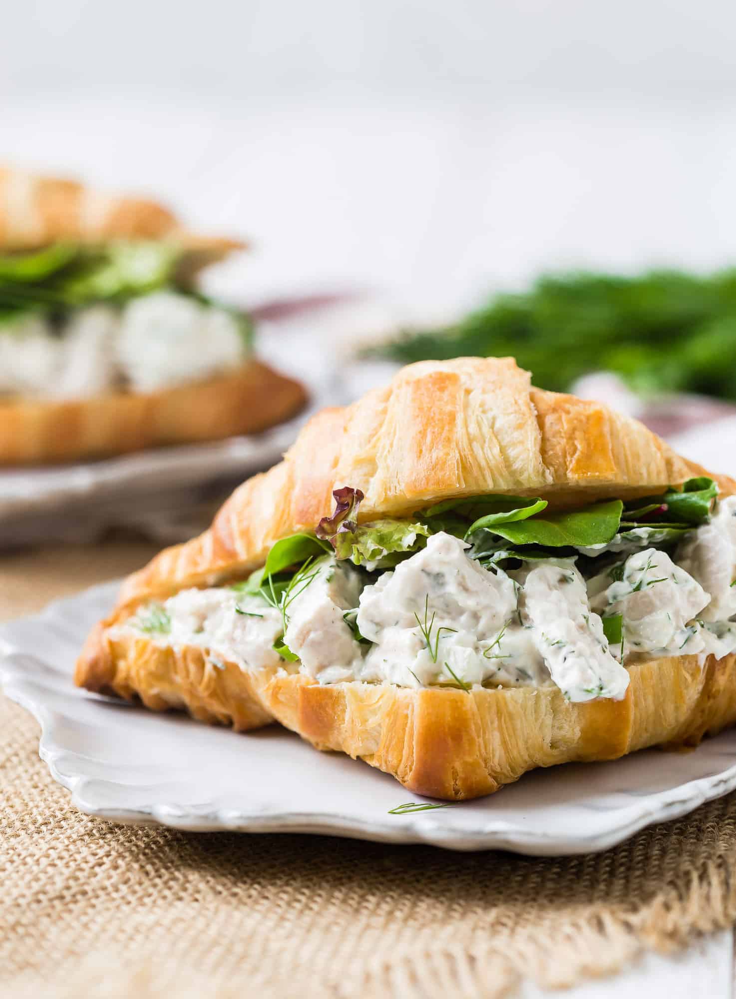 Chicken salad with dill on a croissant.