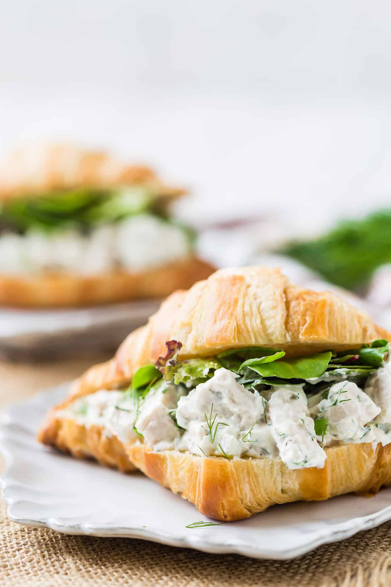 Dill chicken salad and lettuce on croissant.