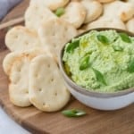 Bright green edamame dip topped with green onions.