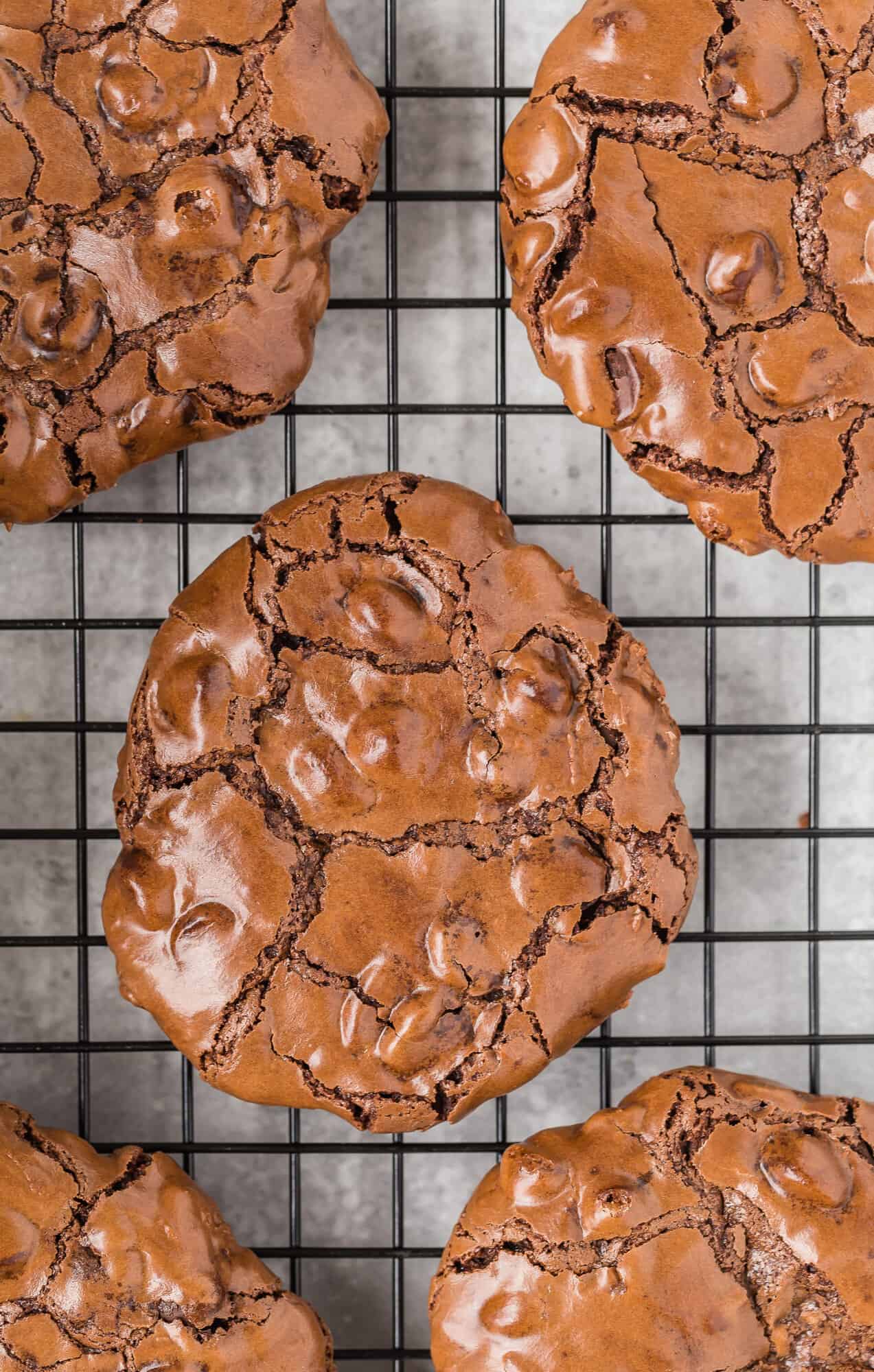 Chocolate cookies with crinkly tops on cooling rack.