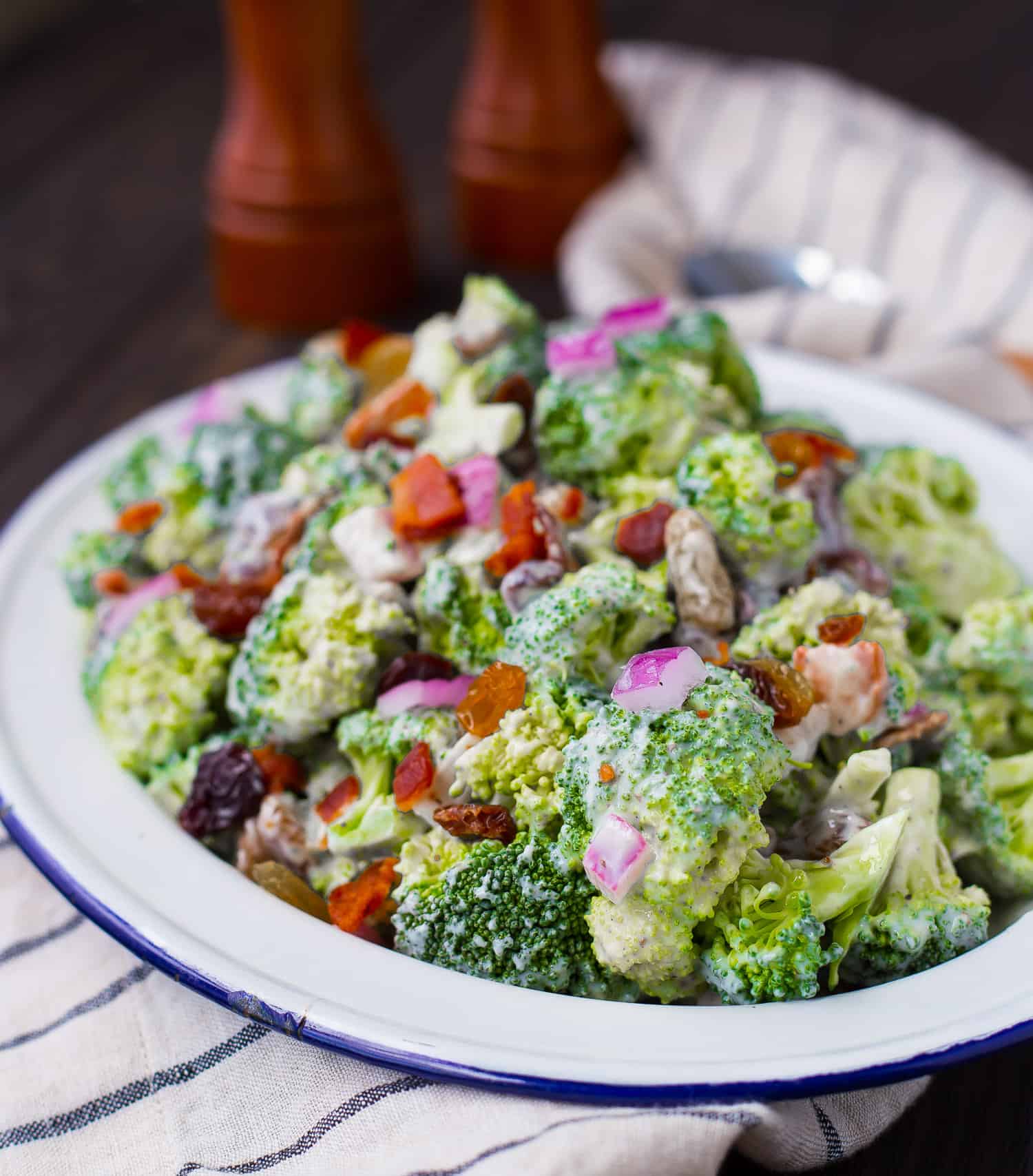 Broccoli salad on a platter.