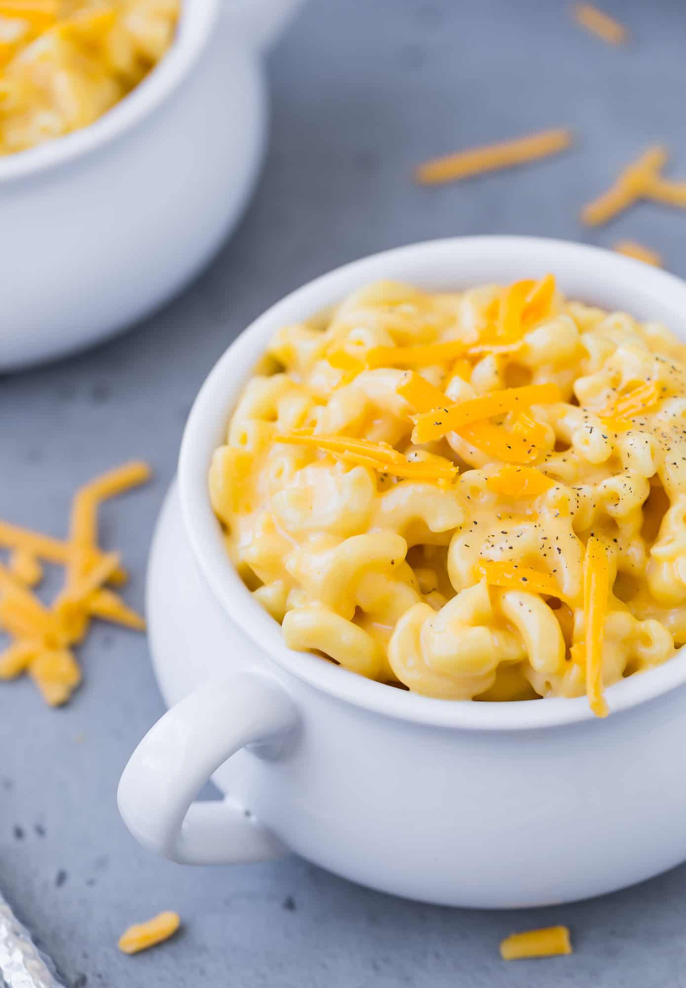 Instant pot mac and cheese in a white bowl.