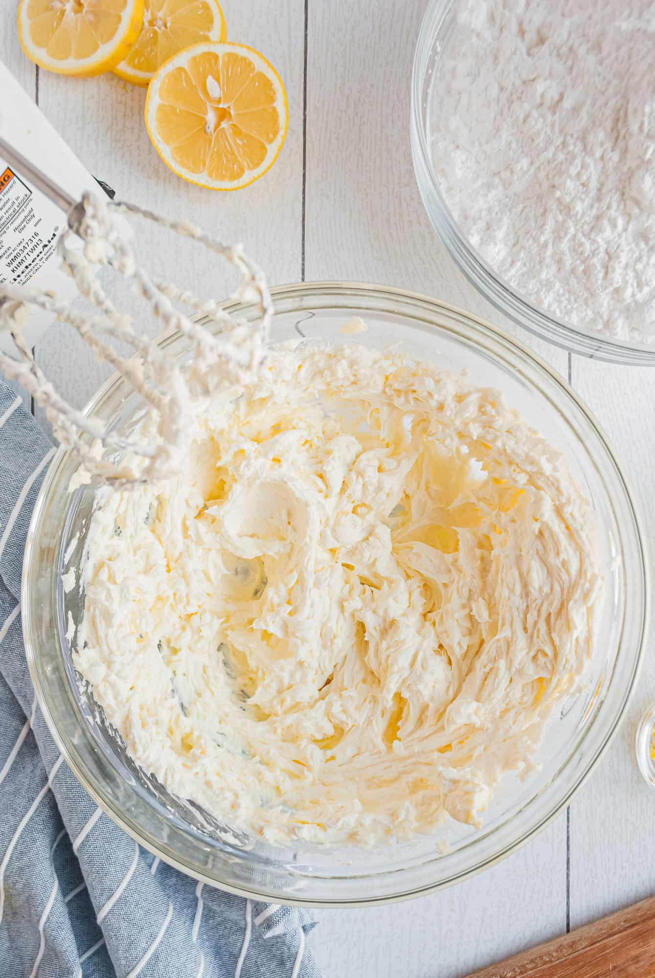 Cream cheese frosting in a bowl.