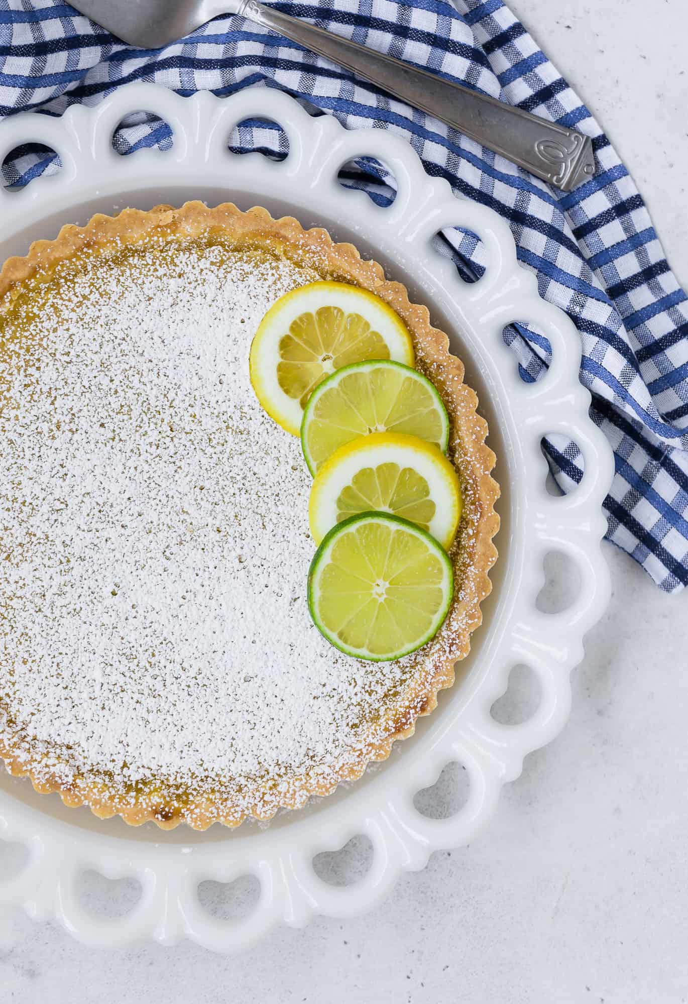 Overhead view of lemon lime tart.