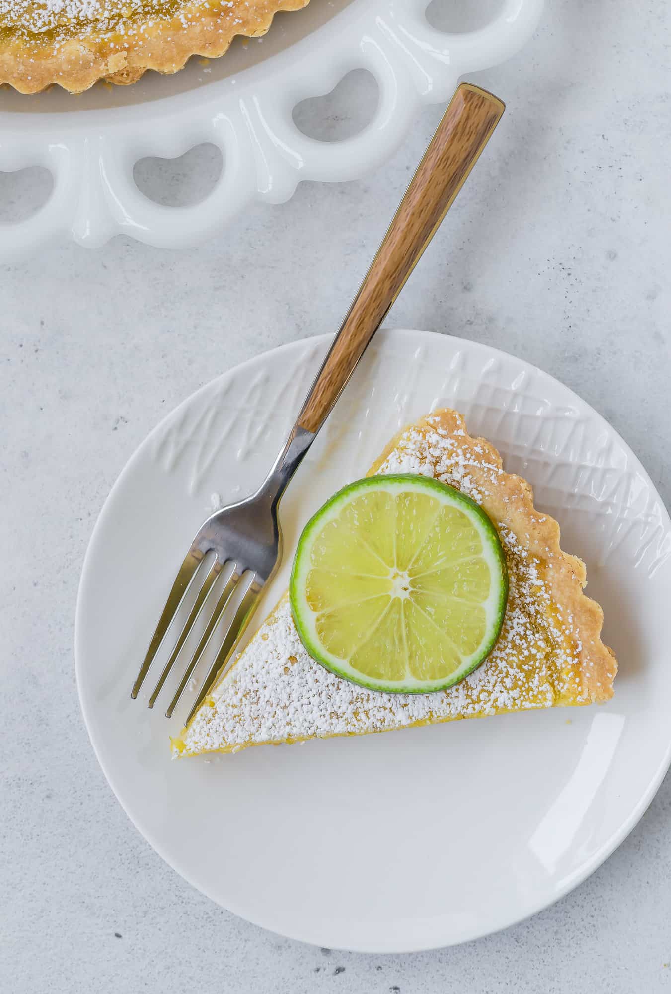 Overhead view of slice of tart.