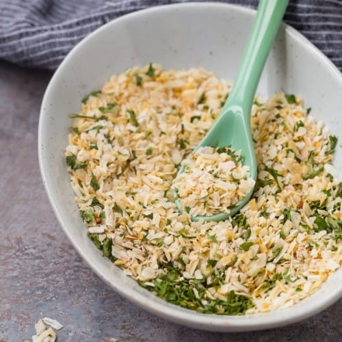 Homemade onion soup mix in a small bowl.