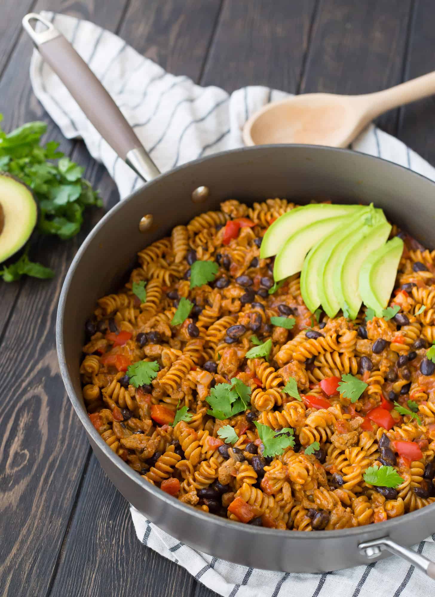 Pasta with taco flavors in a skillet.