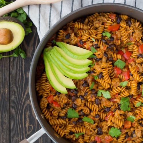 One pan taco pasta in a skillet.