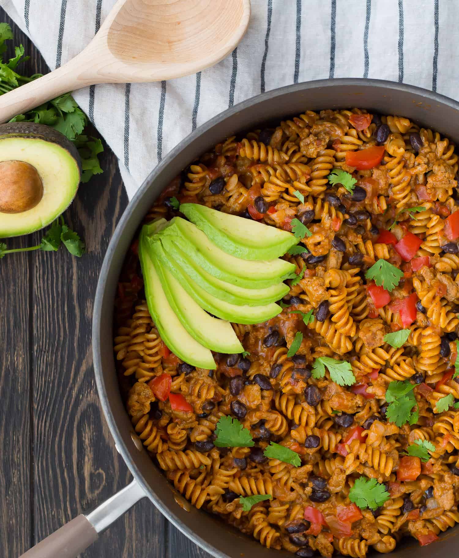 One pan taco pasta in a skillet.