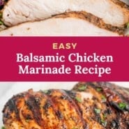 Chicken, text reads "easy balsamic chicken marinade recipe."