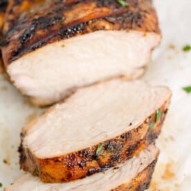 Sliced balsamic marinated chicken.