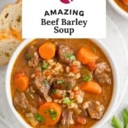 Soup, text reads "amazing beef barley soup."