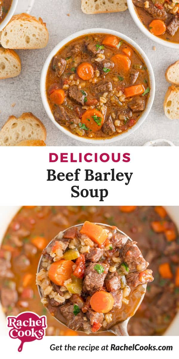 Soup, text reads "delicious beef barley soup."