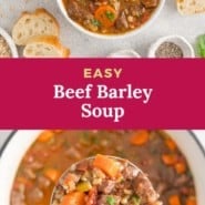 Soup, text reads "easy beef barley soup."