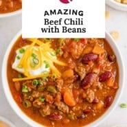 Chili, text reads "amazing beef chili with beans."