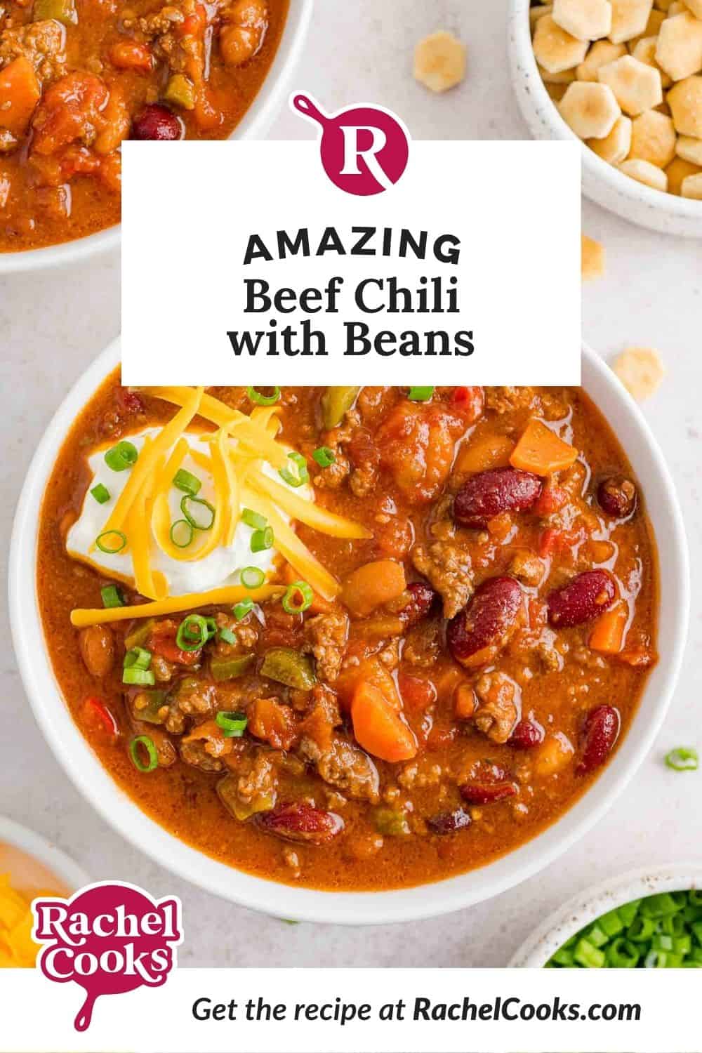 Chili, text reads "amazing beef chili with beans."
