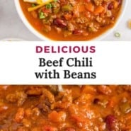 Chili, text reads "delicious beef chili with beans."