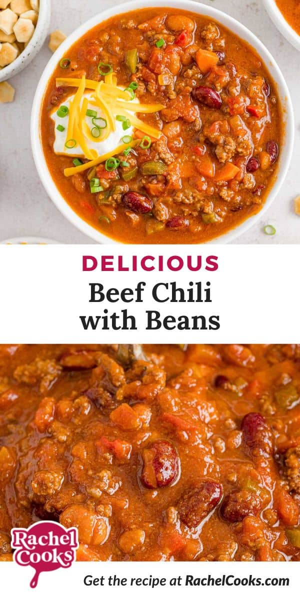 Chili, text reads "delicious beef chili with beans."