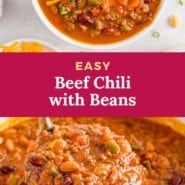 Chili, text reads "easy beef chili with beans."